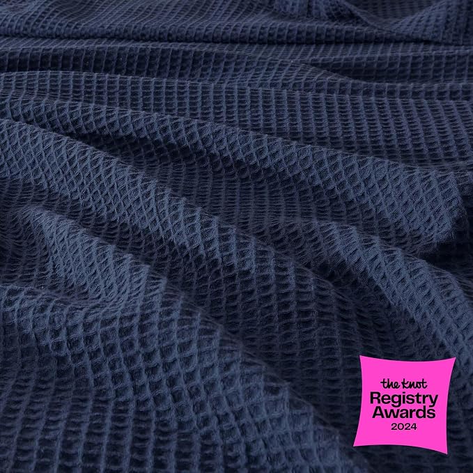 100% Cotton Blue Blanket King Size for Bed - Breathable and Soft, Waffle Weave for Summer Spring, 102x90 Inches (Navy)