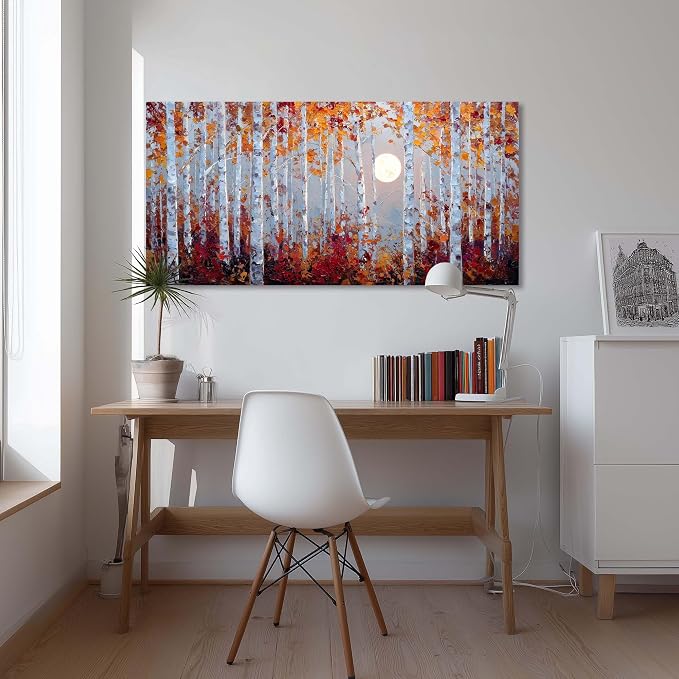 Ggaafet Birch Forest Wall Art for Bedroom Canvas Oil Painting Prints Beautiful Moon Night Art Deco Modern Artwork Office Family Dining Room Decor