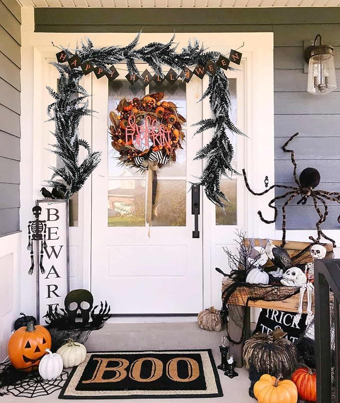 RECUTMS 2pcs Black Garland Artificial Boston Palnts 6 FT Fern Garland Faux Hanging Greenery Halloween Wreath for Outdoor Indoor Halloween Decor (Black+White)