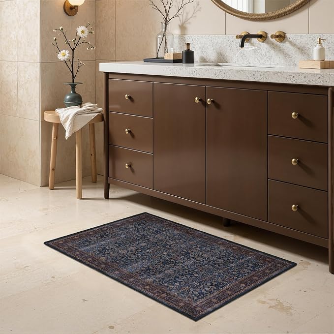 Dark Blue Washable Entryway Rug 2x3, Vintage Print Kitchen Bathroom Rugs Non Slip, Maximalist Small Rug for Bedroom Old Money Aesthetic, Low Pile Ultra Thin Door Mat Indoor Entrance
