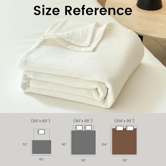 Simple&Opulence Linen Cotton Blanket with Double Layered Folded Edge for Couch/Bed/Sofa/Gift, Natural Flax Solid Color Soft Breathable Cozy Farmhouse Home Décor - White, 104"x90"