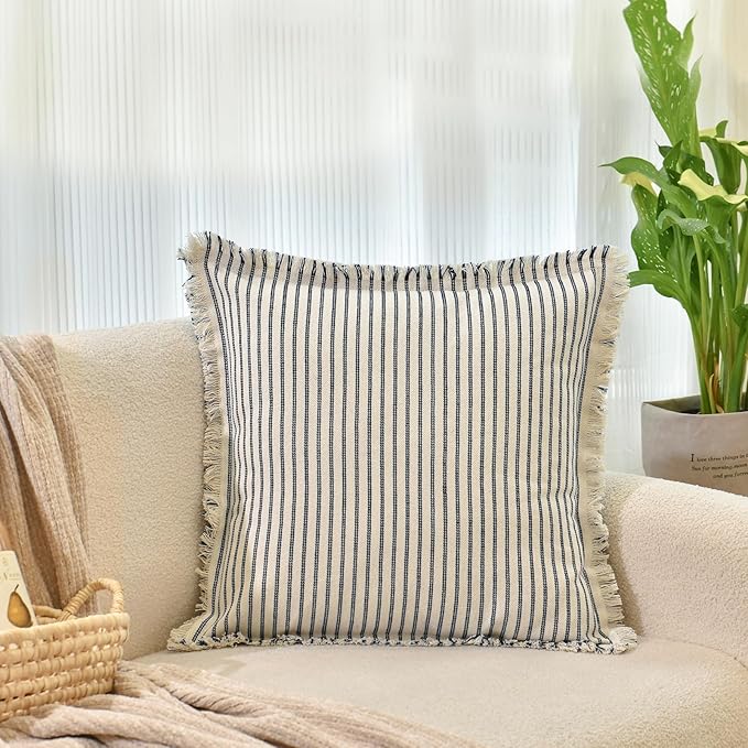 ZWJD Throw Pillow Covers 20x20 Set of 2 Striped Pillow Covers with Fringe Chic Cotton Decorative Pillows Square Cushion Covers for Sofa Couch Bed Living Room Farmhouse Decor, (Navy)