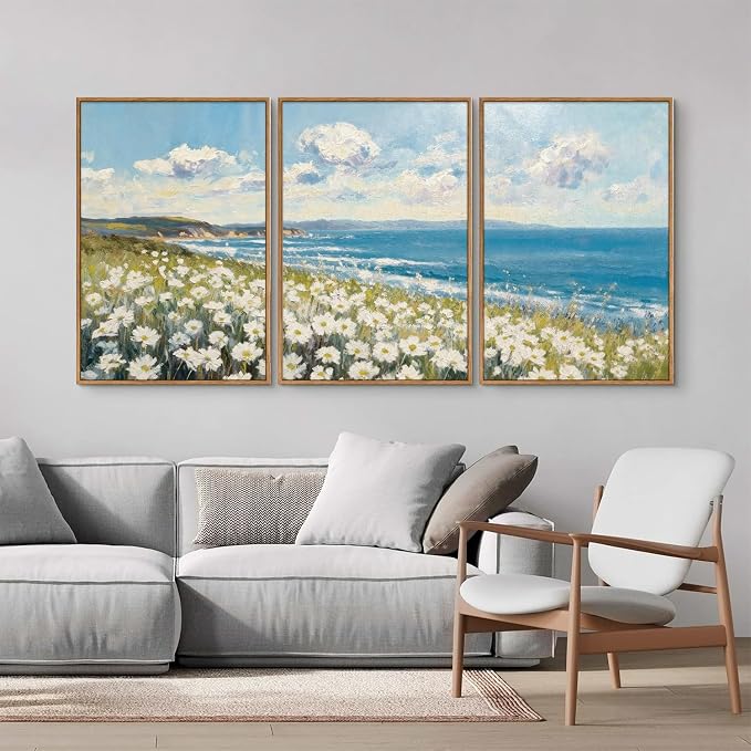 KYLESONLIE Large Summer Wildflower Framed Canvas Wall Art, Cozy White Daisy Wall Decor, Impressionist Coastal Art Paintings, Pastel Seaside Landscape Artwork for Living Room Bedroom Office 16"x24"x3
