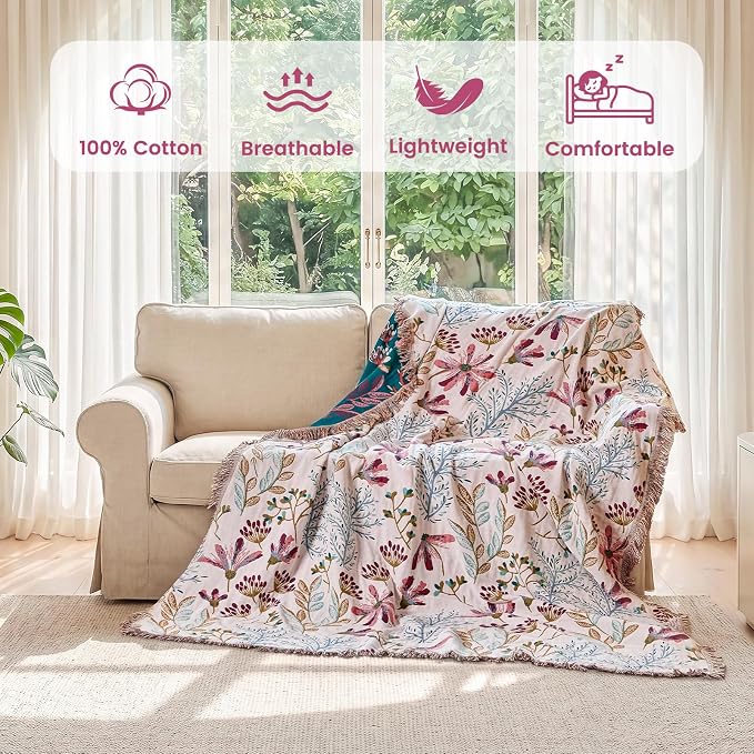 MSGKV Boho Throw Blanket for Bed 60"x80" Floral 100% Cotton Couch Blanket Summer Breathable Lightweight Farmhouse Flower Twin Size Blankets for Sofa Home Decor Muslin All Seasons