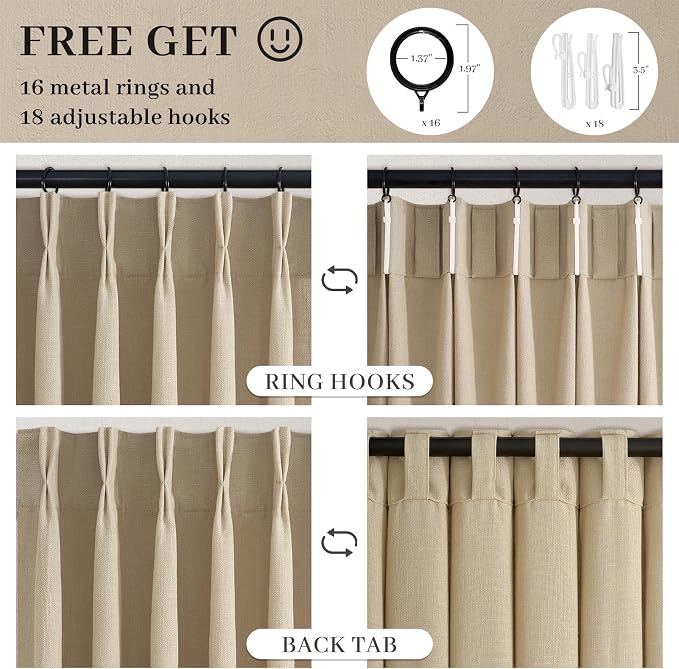 Custom Made Rustic Pinch Pleated Linen Curtains 102 Inches Long for Living Room Bedroom Netural Textured Linen Back Tab Light Brown Memory Trained Pleat Drapes Ceiling Floor Semi Sheer Sliding Door