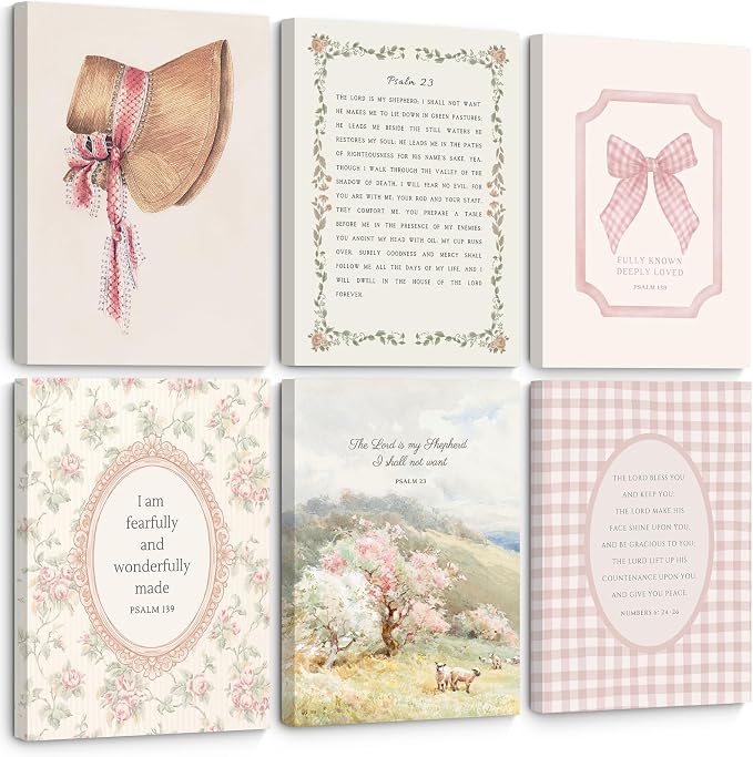Christian Nursery Wall Art Bible Verse Canvas Wall Decor Pink Vintage Girls Nursery Poster Scripture Floral Bow Print Coquette Room Decor Pictures Jesus Artwork for Bedroom 12x16x6 Inch Wrapped Canvas