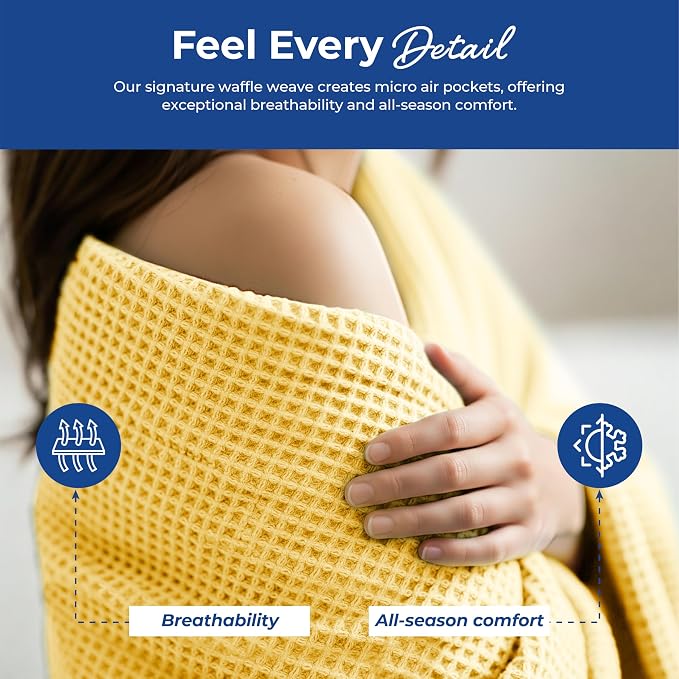 THREAD SPREAD 100% Cotton Waffle Twin Size Blanket for Bed - Soft Lightweight Breathable Waffle Weave Twin Blanket for All Season, Textured Throw Blankets for Bed, Sofa, Hotel, Hospital - Yellow