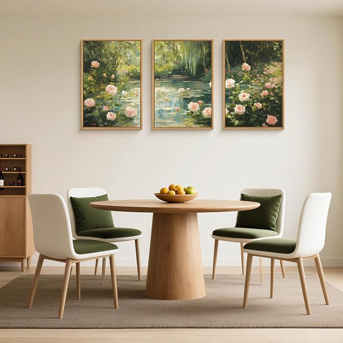 Water Lilies Monet Framed Canvas Wall Art Set,Garden Pond Impressionist Floral Wall Decor,Vintage Oil Green Vibrant Flower Botanical Artwork for Living Room, Bedroom,Farmhouse- 24"x36"x3