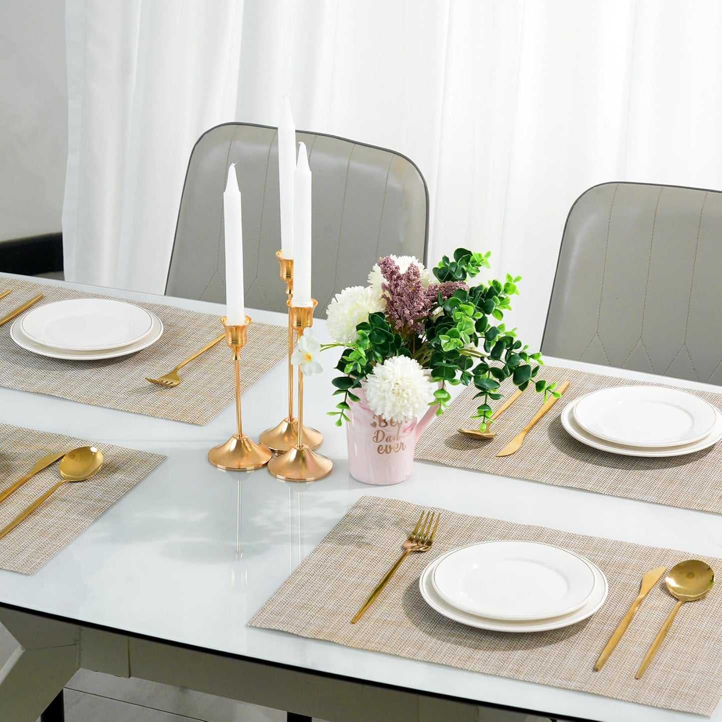 Placemats Set of 12，Non-Slip PVC Weave Table Mats Easy to Clean，Heat Resistant Place Mats for Kitchen Dining Table Decoration Indoor Outdoor，Beige