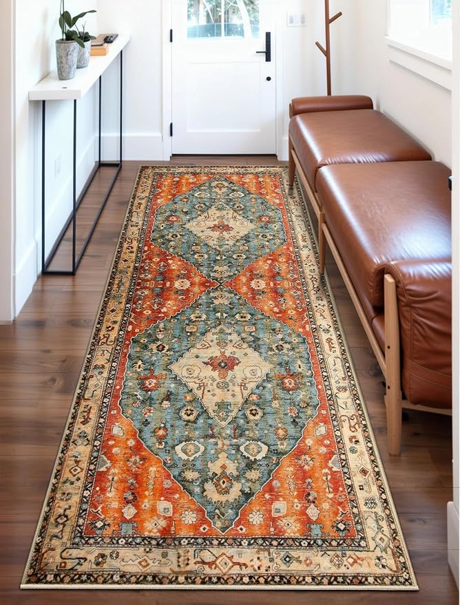 SERISSA Boho Washable Runner Rug, 2x6 Rug Non-Slip Tribal Hallway Kitchen Runner Rug Ultra Soft Print Distressed Vintage Floor Carpet for Bedroom Bathroom Laundry Living Room
