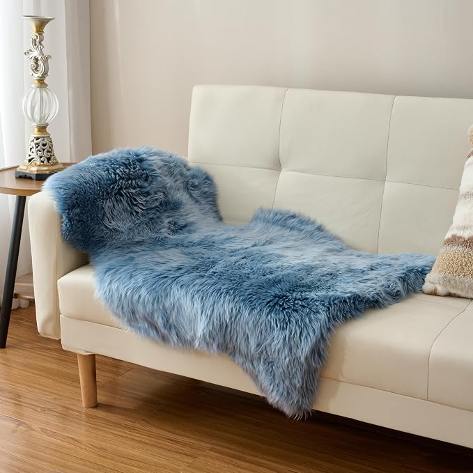 Premium Genuine Sheepskin Area Ruge - Real Wool Fur Shaggy Carpet | Fluffy Soft Natural Lambskin Rug Seat Chair Covers for Couch Sofa Bedroom Living Room(Dusty Blue,2×3 Feet Sheepskin)