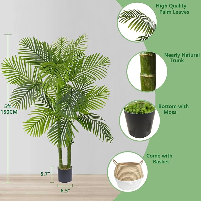 Warmplants Artificial Palm Tree, 5ft Golden Cane Faux Palm Plant with Basket, Large Phoenix Palm UV Resistant Fake Plants for Indoor Outdoor Home Garden Patio Office Décor