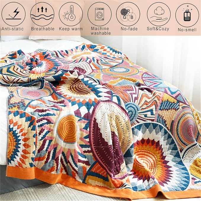 MSGKV Boho Throw Blanket for Bed 60"x80" 100% Cotton Couch Twin Size Blanket Summer Breathable Lightweigh Blankets Home Decor Muslin All Seasons