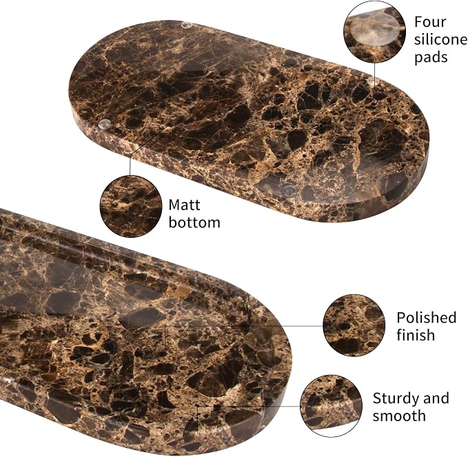 Oval Marble Bathroom Vanity Tray, Natural Luxury Marble Home Kitchen Bathroom Table Tray, Stone Decorative Countertop Tray for Coffee Perfume Jewelry (Dark Brown, 12" x 6" x 0.8")