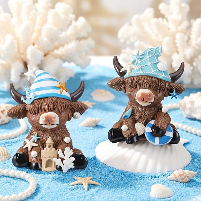 Karenhi 2 Pcs Summer Ocean Highland Cow Figurines, Nautical Resin Cow Decor with Anchor, Starfish, Shell and Coral, Coastal Farmhouse Beach Figurines for Home Table Shelf Decoration