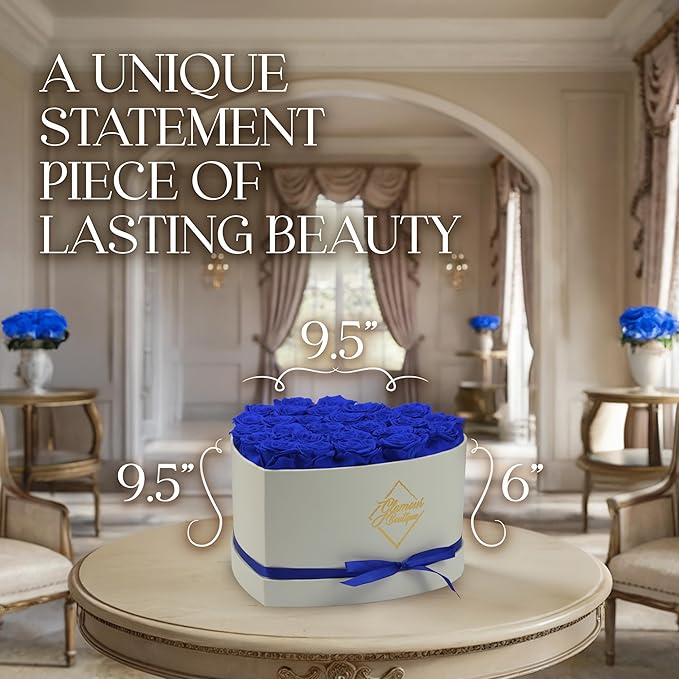 GLAMOUR BOUTIQUE Preserved Roses in a Box - Gifts for Her, Wife & Mom, Rose Flowers Forever Decor for Birthday Gift, Get Well Flower Bouquet Cased in White Box with Cover, Blue, 27 (Color-Treated)