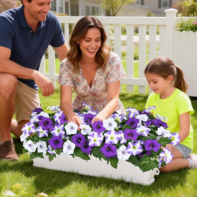 MARTINE MALL Artificial Flowers for Outdoors, 4 Bundles Realistic Fake Outdoor Flowers, UV Resistant Silk Petunia Flower for Outside Look Real Faux Flower Plants for Outdoor Porch Decor, Purple White