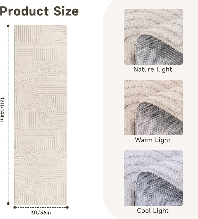 Pauwer 3x12 Washable Area Rugs for Living Room Modern Beige Solid Color Soft Fluffy Rugs for Bedroom Non Slip Boho Accent Indoor Mat Floor Carpet Cover for Kids Dining Room Kitchen Office