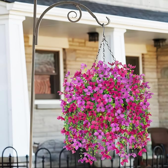 INXUGAO Artificial Hanging Flowers Plants with Basket for Outdoors, Realistic Faux Silk Daisy Flower Eucalyptus for Spring Decor, UV Resistant Fake Plants for Porch Patio Yard Balcony, Purple Violet