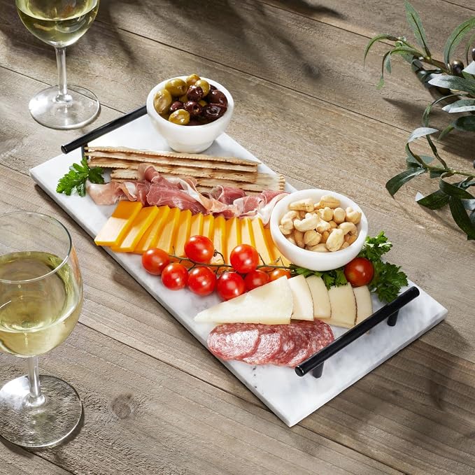 mDesign Thin Marble Pastry Board, Cutting Slab Kitchen Serving Tray with Deco Handles for Baking, Chopping, and Rolling - Serve Bread, Candy, Chocolate, Cheese, and Appetizers - Marble/Black