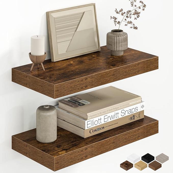 Fun Memories 16 Inch Floating Shelves for Wall, 8 Inch Deep Rustic Wood Wall Mounted Shelves with Invisible Brackets for Bathroom, Bedroom, Kitchen & Living Room Storage Decor, Rustic Brown, 2 Pack
