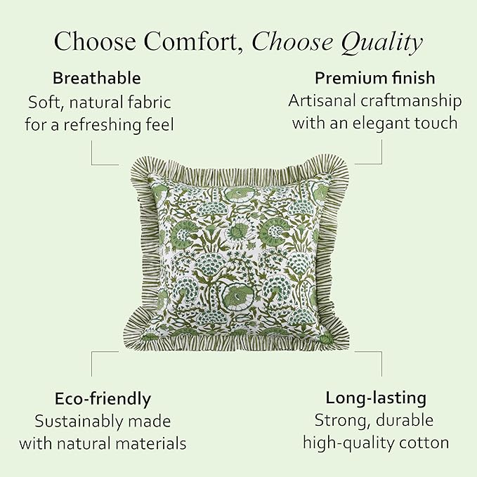 CPC Block Print Ruffle Throw Cover Agate Green 16"x16" Inch Pack of 2-100% Cotton Ruffle Couch Decorative Boho Pillows Case for Living Room, Bedroom, Sofa, Farmhouse Gift for Spring, Mother's Day
