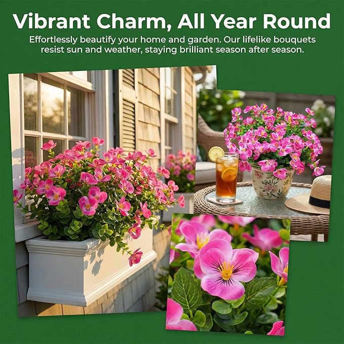 trytuny Artificial Flowers for Outdoor, Realistic Faux Plants for Outside Indoor Porch Patio Window Box Planter Home Decor (12pcs - Rose red)