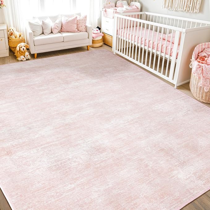10x14 Washable Area Rug, Pink Solid Area Rugs for Living Room & Bedroom | Stain-resistant & Non-slip backing,Low Pile Washable Large Carpet, Solid Vintage Style For High Traffic Areas(10x14,Pink)