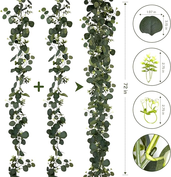 YIJXPOIN 4Pcs Eucalyptus Garland, 6FT Green Flower Garland Decor, Artificial Faux Eucalyptus Leaves Greenery Vines for Table Runner Wedding Bedroom Mantle Centerpieces Backdrop Decorations