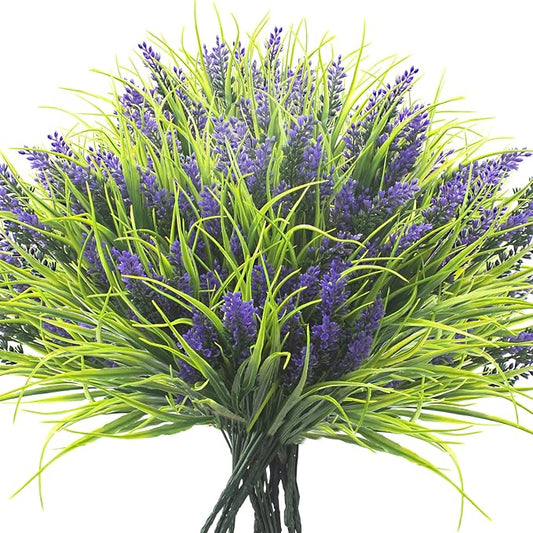Grunyia 20 Bundles Artificial Plants Outdoor Fake Monkey Grass with Flowers (Purple)