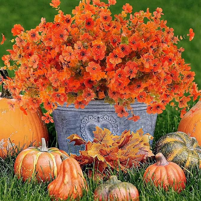 Rowfad 18 Pcs Artificial Mums Flowers Outdoor Plastic Fall Flowers Fake Mums Autumn Greenery Flower for Porch Window Box Farmhouse Thanksgiving Home Decor ((18, Orange)