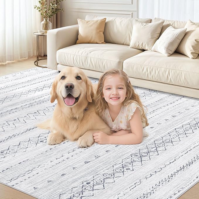 cotiled 9x12 Area Rug Living Room: Washable Boho Rugs with Non Slip Backing Large Soft Indoor Stain Resistant Carpet for Bedroom Farmhouse Dining Room Lightweight Home Decor Grey