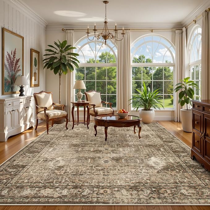 Lahome Margot Vintage 9x12 Washable Brown Rugs for Living Room Bedroom, Boho Dining Room Rugs for Under Table, Soft Non Slip Indoor Throw Carpet for Home Office Playroom (9x12ft,Brown)