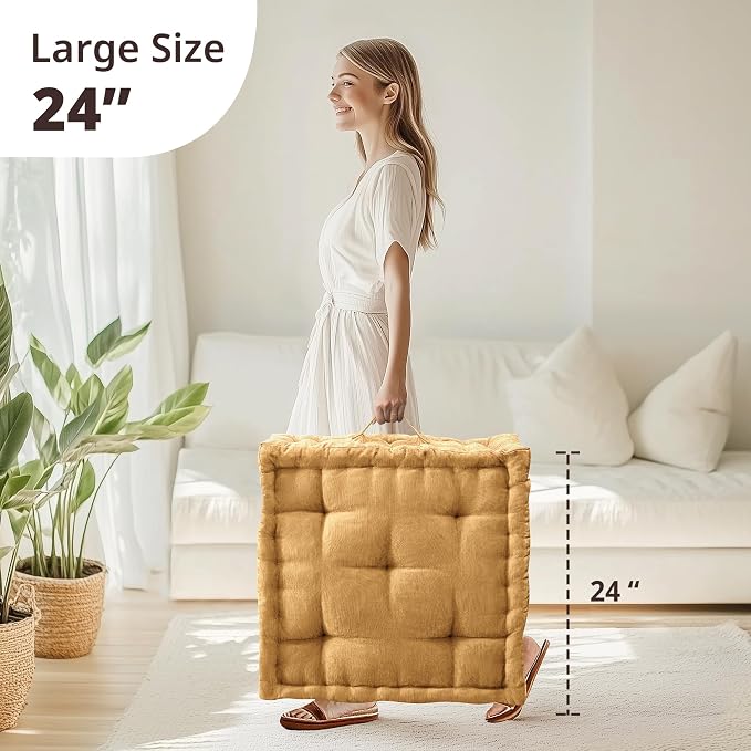 Intelligent Design Azza Floor Pillow, Large Cushions Sitting for Adults, Floor Pillow for Meditation or Yoga, Lustrous Chenille Tufted with Scalloped Edges for Bench/Chair Cushion, 24"x24"x5" Yellow
