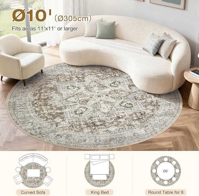 Tortania 10' Round Area Rug Living Room Rugs - Washable Boho Rug Vintage Oriental Distressed Farmhouse Large Thin Indoor Carpet for Bedroom Under Dining Table Home Office - Brown Blue