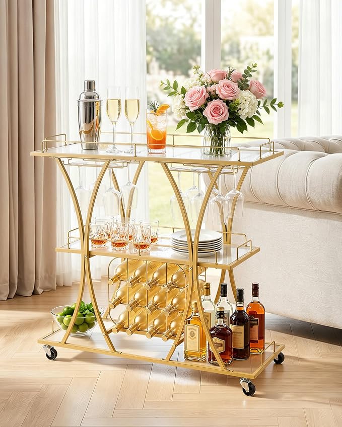 VEVOR Bar Cart, 3 Tiers Home Kitchen Serving Carts, Modern Rolling Utility Station on Wheels, Drink Beverage Trolley with Tempered Glass Shelves, Wine Rack, Glass Holder, for Living Dining Room, Gold
