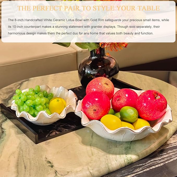 10 Inch White Ceramic Decorative Bowl, Large Shallow Bowl with Ruffle Lotus & Gold Trim - Fruit Display for Kitchen Counter, Modern Dining & Coffee Table Decor Centerpiece, Ideal Housewarming Gift ﻿