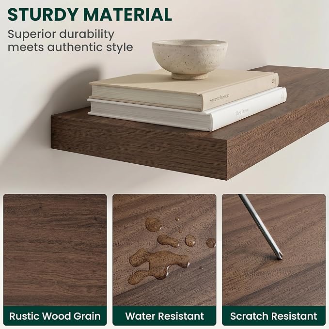 Floating Shelves for Wall 32 in x 9.3 in Deep, Wall Mounted Rustic Wood Shelf with Invisible Brackets for Storage & Display, Living Room Bedroom Bathroom, Walnut, 2 Pack
