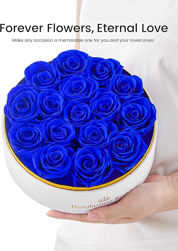 16 Preserved Roses Forever Flowers Real Roses in a Box Mother's Day Birthday Flowers for Her Mom Women Wife Valentine's Day, Royal Blue Roses