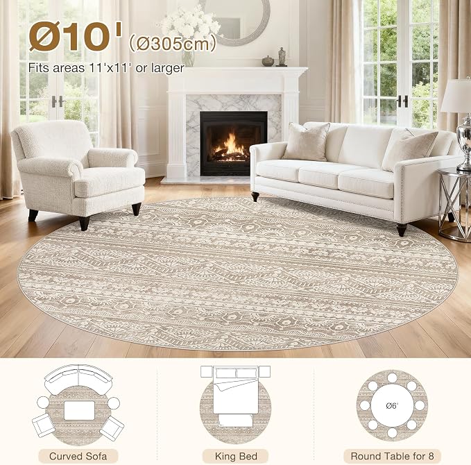 Tortania 10' Round Area Rug Living Room Rugs - Washable Large Soft Neutral Boho Moroccan Bohemian Farmhouse Rug Indoor Floor Carpet for Bedroom Under Dining Table Home Office Decor - Light Brown