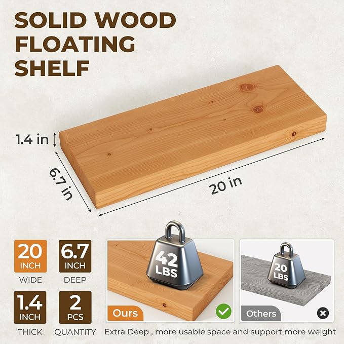 20 inch Floating Shelves for Wall, High End Solid Real Wood Floating Shelf with Heavy Duty Invisible Bracket 20in Long Wooden Wall Shelves for Living Room, Bedroom, Kitchen, Bathroom, Set of 2,Natural