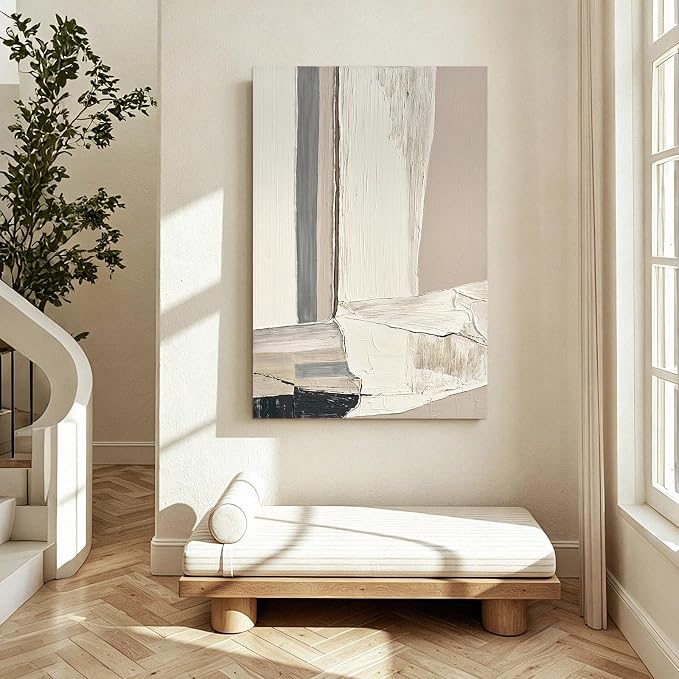 Modern Abstract Neutral Canvas Wall Art, Textured Painting for Living Room | Hand-Painted White Beige Gray Composition Artwork for Bedroom Office Hallways,Large Geometric Wall Decor Ready to Hang 24x36"