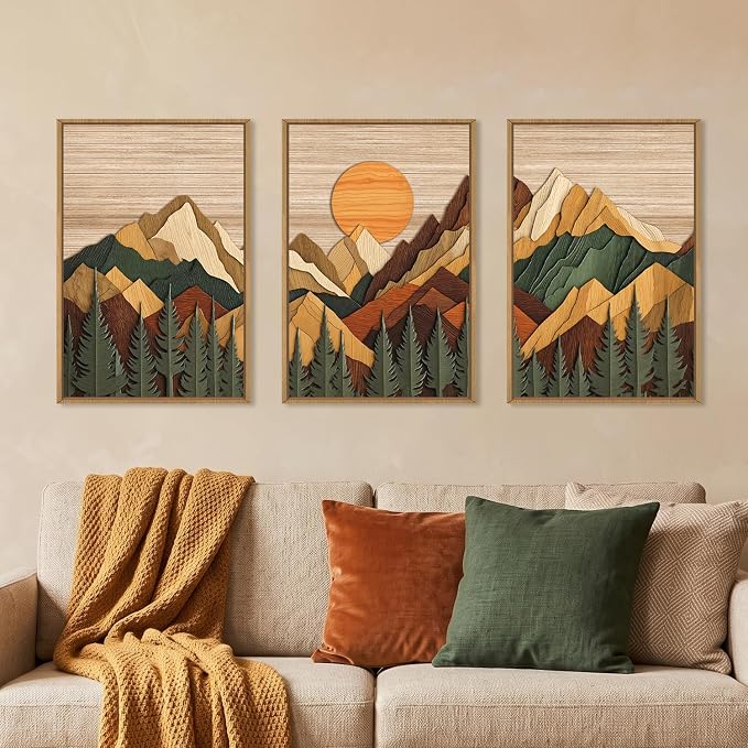 Celestdeco Large Woodcut Style Mountain Framed Canvas Wall Art Set, Woodsy Rustic Ridge Wall Decor, Boho Pine Tree Forest Wall Painting, Abstract Sunrise Wooden Art Print for Living Room, Bedroom, Office - 16"X24"X3 (Not-3D Effect)