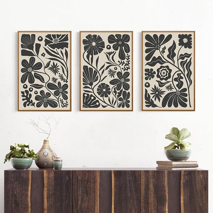 Black Floral Botanical Framed Canvas Wall Art Set, Abstract Floral Market Wall Decor, Modern Vintage Wall Painting, Boho Minimalist Art Print for Living Room Girl Room Office 16"x24"x3