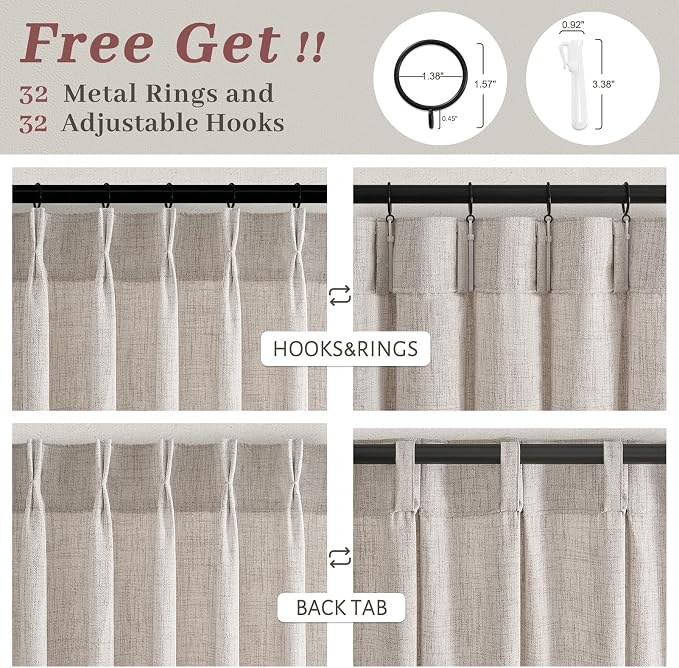 108 Inch Extra Long Greyish Brown Hiigh Ceiling Curtains for Living Room 4 Panels Set, Memory Shape Pinch Pleat Natural Linen Semi Sheer Privacy Curtain That Let Light in Decorative Drapes 9FT Length
