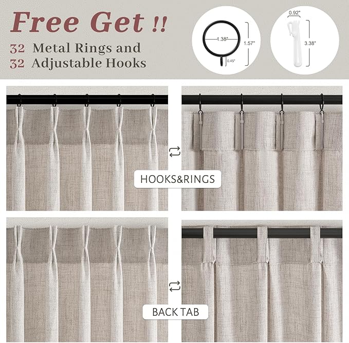 Semi Sheer Greyish Brown 102 Inch Long Curtains for Living Room 4 Panels Set, Memory Shape Pinch Pleated Light Filtering Thick Linen Textured Curtain Bedroom Floor to Ceiling Window Drapes 40"Wx102"L