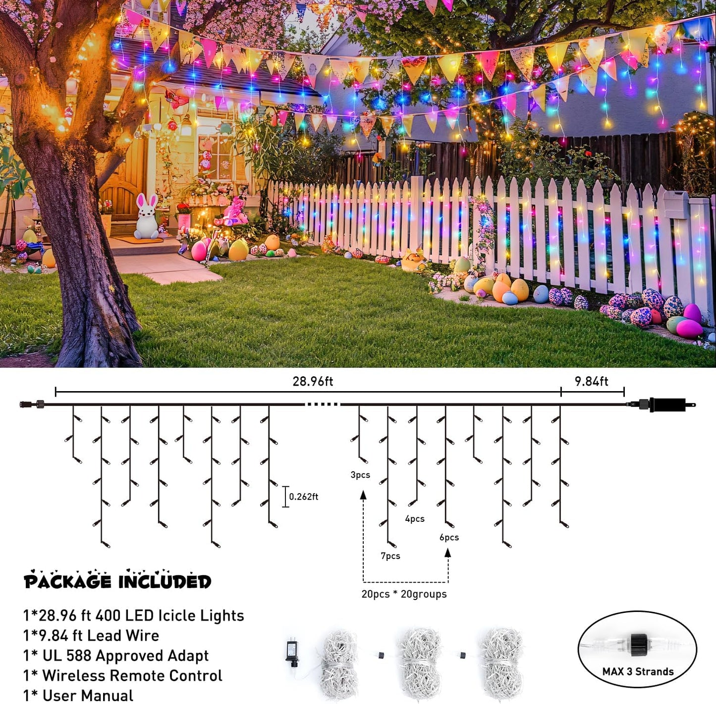 JMEXSUSS 400 LED 38.8 FT Easter Lights String Outdoor, Connectable Pastel Icicle Lights Indoor Outdoor for Easter Spring House Garden Party Decorations