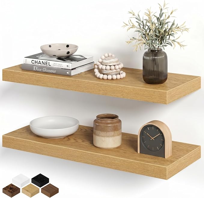 Floating Shelves for Wall, 24 Inch Floating Shelves Set of 2, Wall Mounted Rustic Wood Shelf for Bathroom, Living Room, Bedroom and Kitchen, Hanging Shelf for Storage, Books, Home Decor, Oak