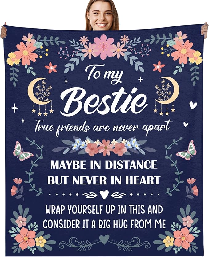 Bestie Gifts for Women Throw Blanket, Friendship Quote Floral Design Soft Cozy Fuzzy Flannel Blanket, Gift for Best Friend Girls Birthday Christmas (50" x 60")