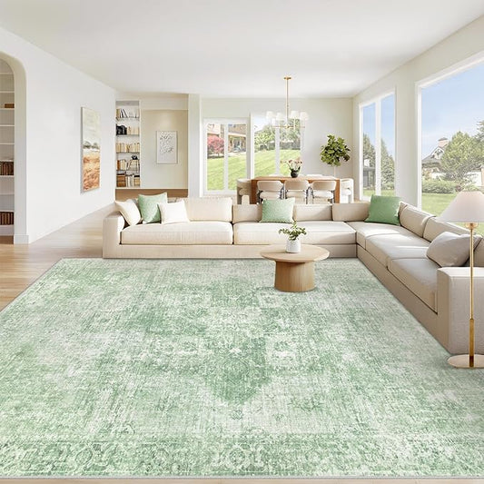 Area Rug 9x12 Washable Rug, Vintage Boho Medallion Rugs Non-Slip Soft Low Pile Large Distressed Rug Indoor Retro Carpet for Living Room Bedroom Dining Room Home Office (SageGreen, 9'x12')